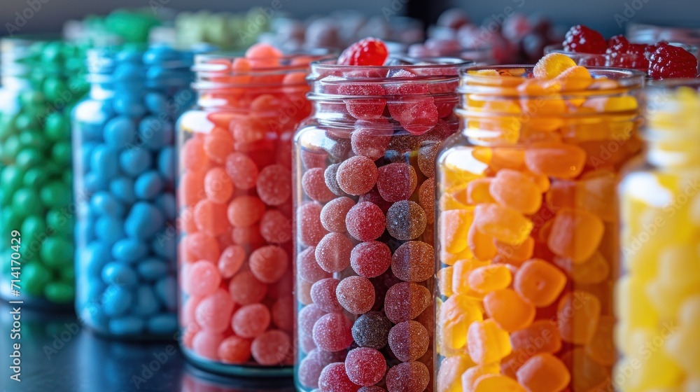 Poster a row of glass jars filled with different colored candies on a black table with other candies on the