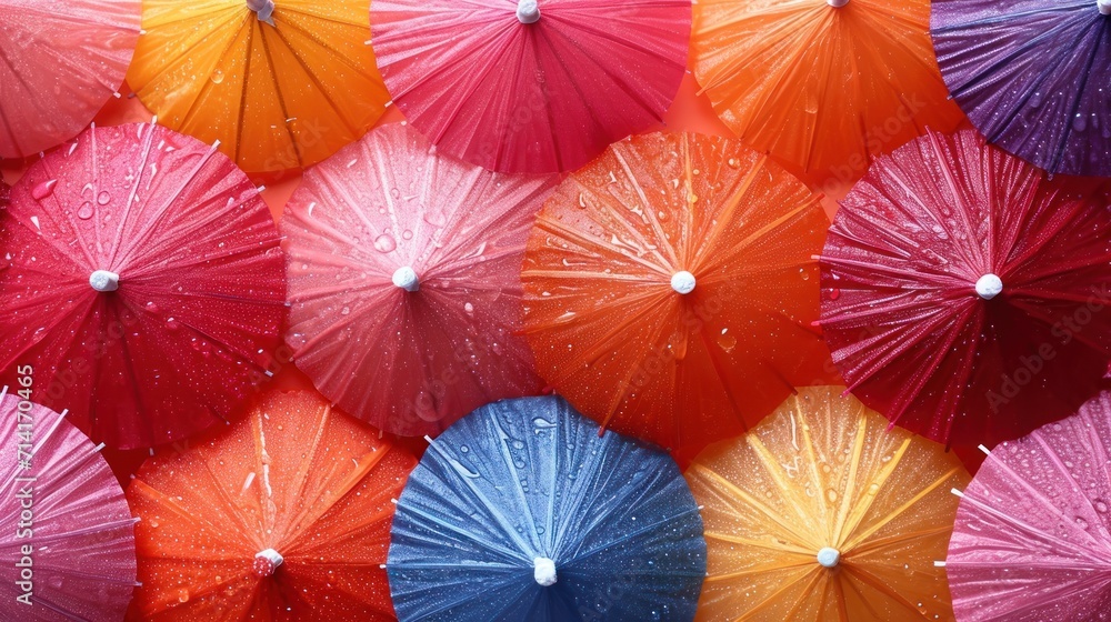 Poster a group of multicolored umbrellas with drops of water on them, all of which have been opened to show