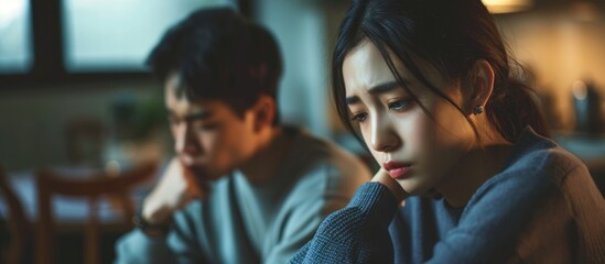 Depressed and frustrated young Asian couple facing relationship issues. - obrazy, fototapety, plakaty