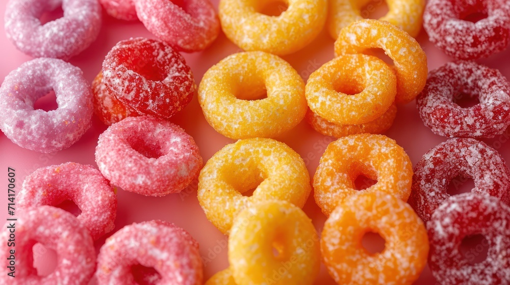 Poster a close up of a bunch of doughnuts with sprinkles on the top of the doughnuts and on the bottom of t