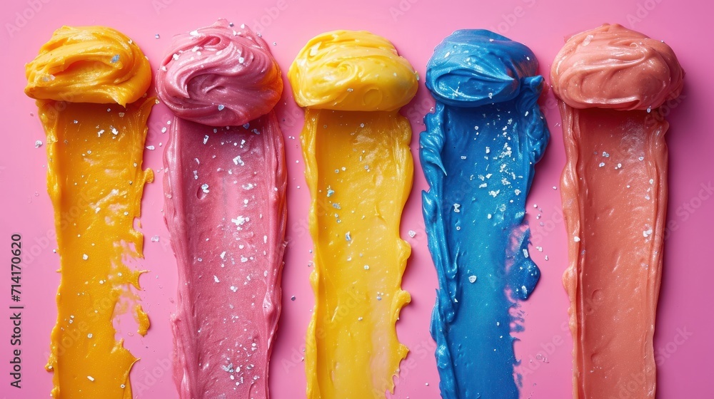 Poster four different colored ice creams with sprinkles on top of each ice cream cone on a pink background 