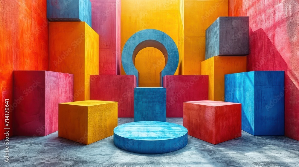 Poster a group of colorful cubes in a room with a blue circle in the center of the room and a red circle in