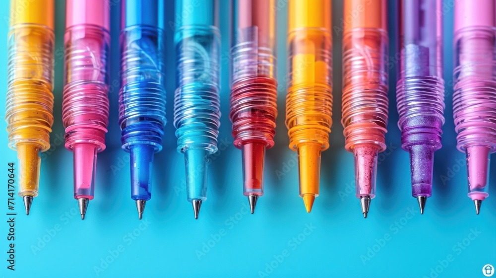 Wall mural  a group of pens lined up next to each other on top of a blue and pink background with the same color of the pens in the same row and the same row.