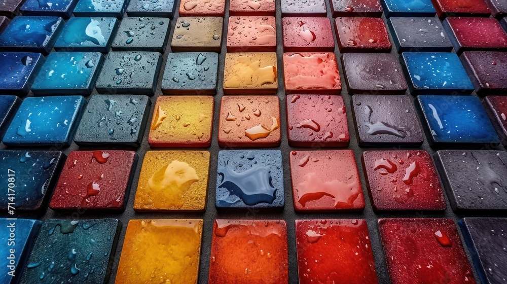 Aufkleber a group of multicolored glass tiles with drops of water on the top and bottom of the tiles, all of w