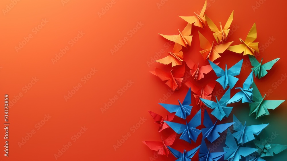 Poster a group of colorful origami birds on a red and orange background with space for a text or an image t