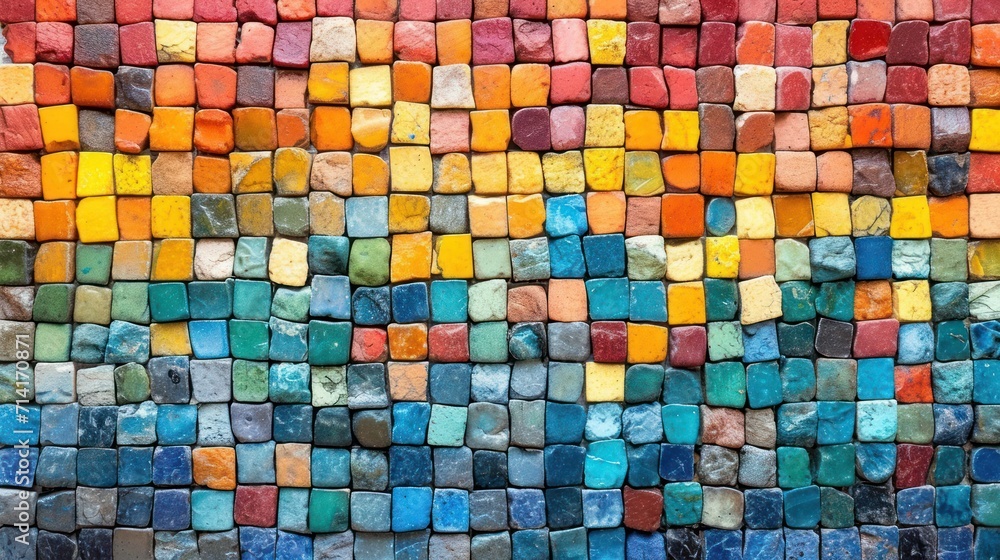 Poster a close up of a multicolored wall made out of small blocks of different colors and sizes of rocks, w