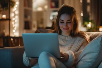 Woman Relaxing with Laptop in Comfortable Home Setting