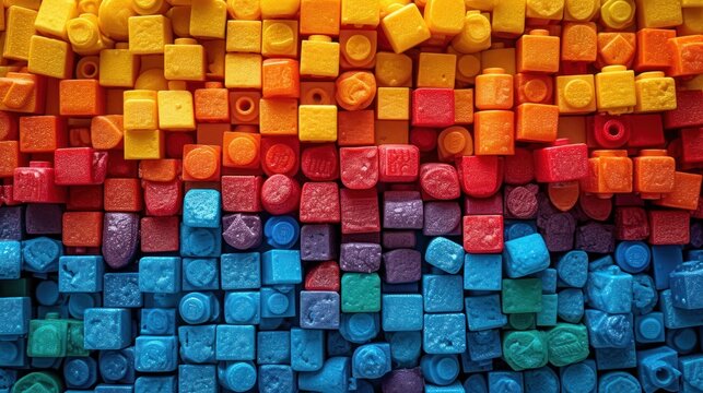  a close up of a multicolored wall made out of gummy bears and cubes of different shapes and sizes, with a red, orange, yellow, blue, green, orange, yellow, and blue, and pink, and green.