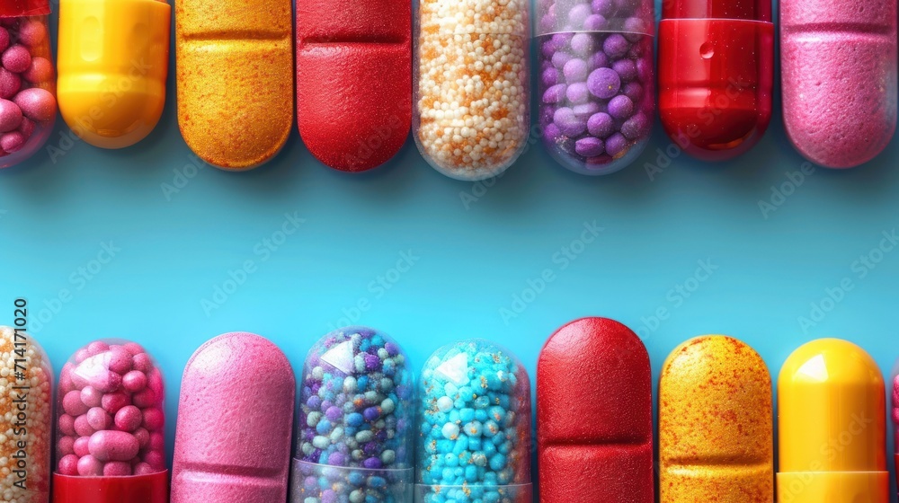 Poster a row of multicolored pills arranged in a row on top of each other on a blue background with a borde