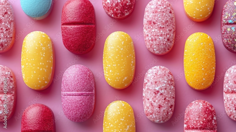 Poster a close up of many different colored candys on a pink surface with glitter on the top and bottom of 
