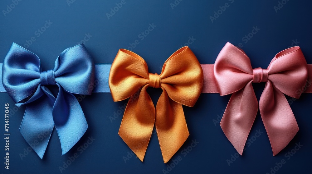 Poster a group of three different colored bows on a blue and pink background with the same color of the bow