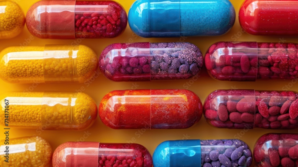 Poster a close up of a bunch of pills with different colors and sizes of pills next to each other on top of