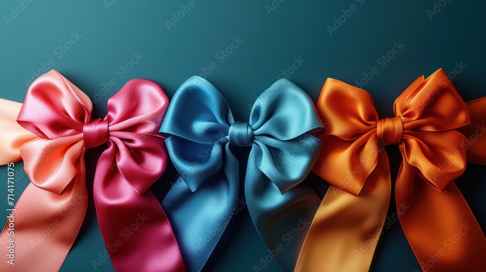 Poster a group of four different colored bows on a blue background with one of them in the middle of the bo