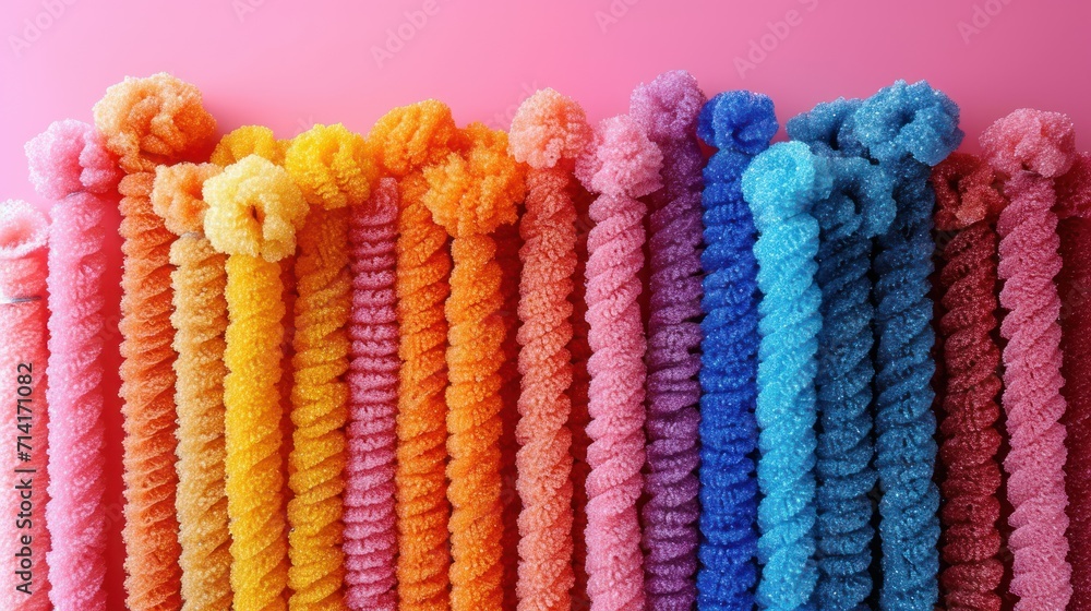 Poster a row of multicolored crocheted towels with pom poms hanging from the top of each row on a pink back
