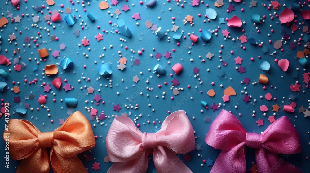 Canvas Prints  three bows on a blue background with pink, blue, and pink confetti on the left side of the bow, and pink and orange bows on the right side of the left.