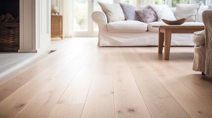 Close-up of a light oak engineered hardwood floor in a Scandinavian-style living room, with a clean and natural finish - Powered by Adobe