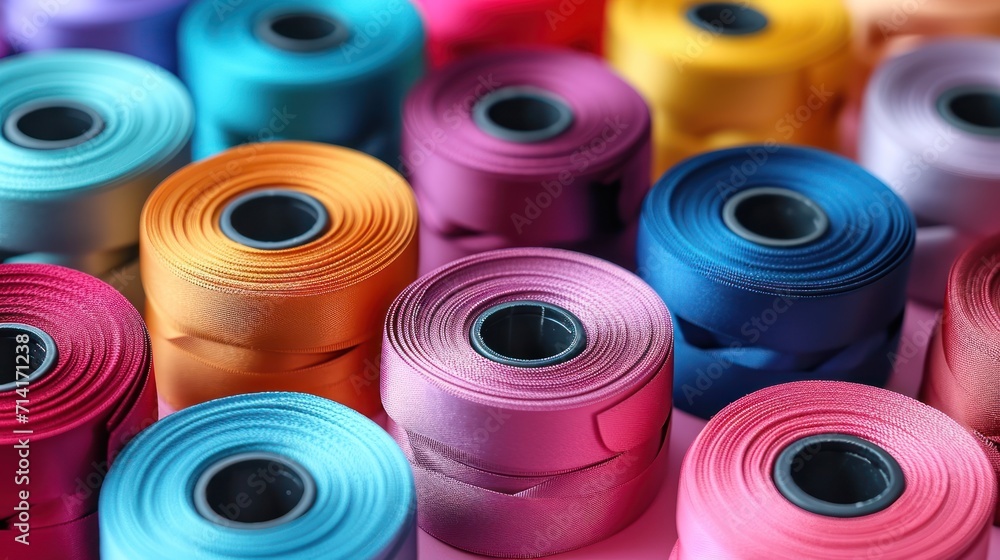 Poster a close up of a bunch of different colored rolls of ribbon on a pink surface with a black hole in th