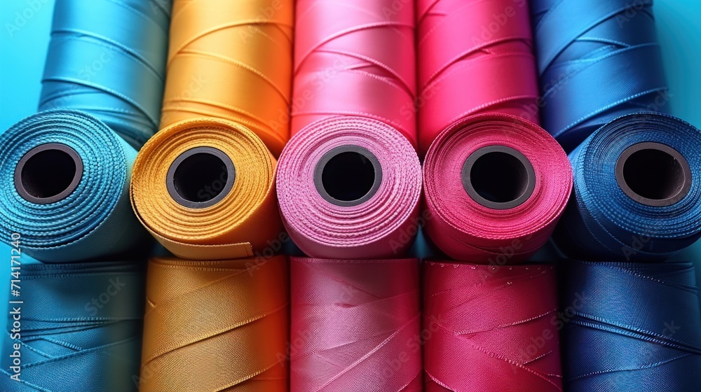 Poster a group of colorful rolls of satin ribbons on a blue background with the colors of the rainbow in th