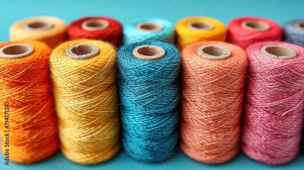 Poster a group of spools of yarn sitting next to each other on a blue surface with one spool in the middle 