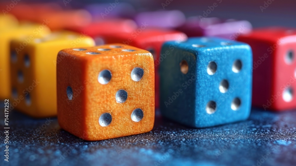 Poster a row of colorful dices sitting on top of a blue counter top in front of a row of colored dices on a