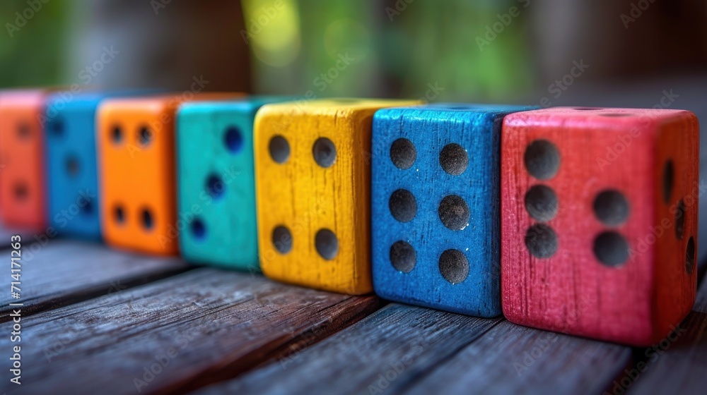Poster a row of colorful wooden dices sitting on top of a wooden table in front of a blurry background of t