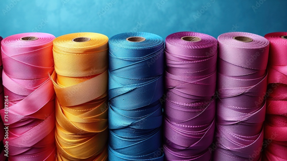 Poster a row of multicolored spools of thread sitting next to each other on a blue background with one spoo