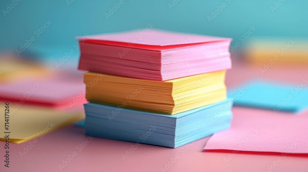 Poster a stack of brightly colored papers sitting on top of a pink table next to another stack of colored p