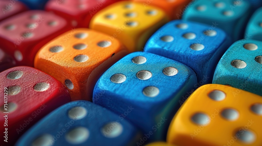Poster a close up of a group of colorful dices with holes in the middle of each of the dices, with a white 