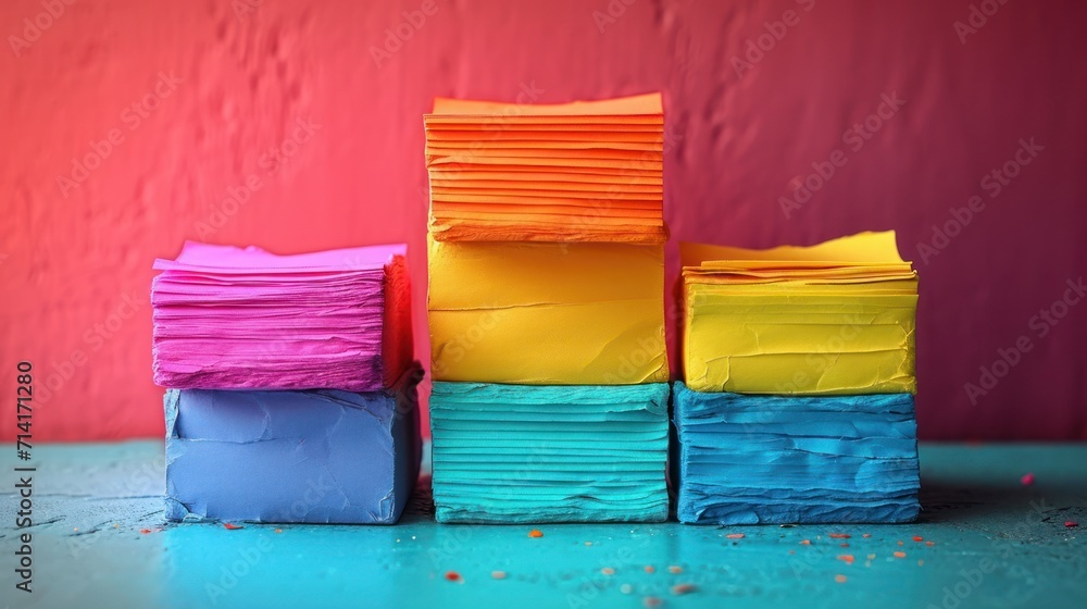 Poster a stack of multicolored paper sitting on top of a blue table next to a red and pink wall and a red w