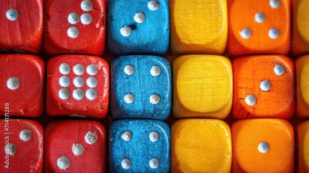 Poster a close up of a group of colorful dices with holes in the middle of each of the dices and holes in t