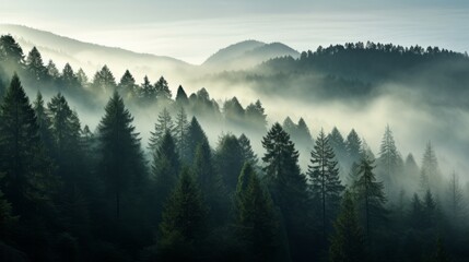 A captivating scene of a dense forest enveloped in a mysterious and ethereal fog, creating a tranquil ambiance