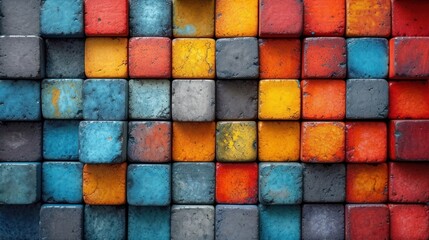  a close up of a multicolored wall made up of blocks of different sizes and colors of different shapes and sizes, with a red, orange, blue, yellow, green, red, orange, and grey, and black.