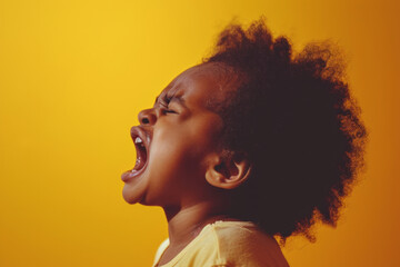 A toddler's overwhelming moment captured against a vivid yellow backdrop - obrazy, fototapety, plakaty