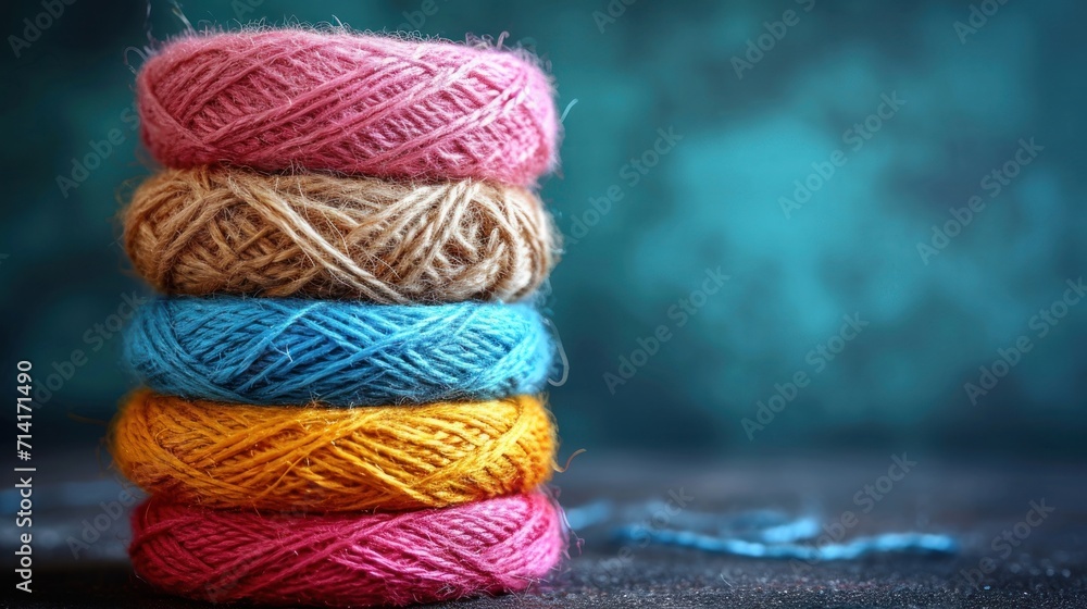 Poster a stack of multicolored skeins of yarn sitting on top of each other in front of a blue and green bac
