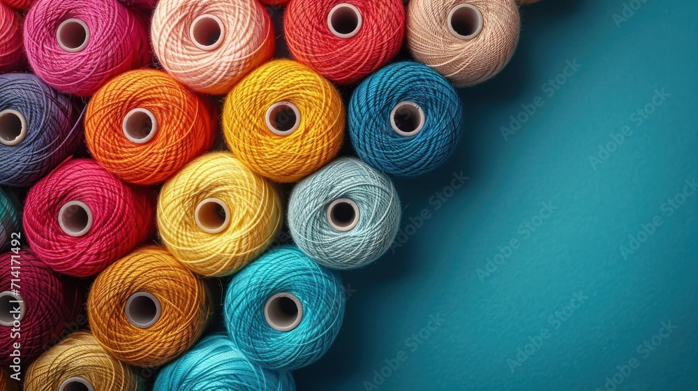 Poster a group of multicolored spools of thread on a blue background with a wooden spool in the middle of t