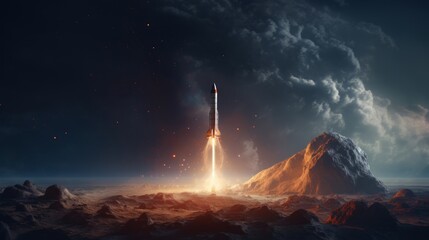 A powerful sight as a space rocket takes off into the dark expanse of the night, propelling astronauts into space - obrazy, fototapety, plakaty