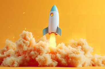 A toy rocket depicting startup success explodes with smoke against a symbolic display background, Generative AI.