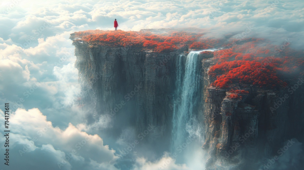 Poster a man standing on the edge of a cliff with a waterfall in the middle of the cliff, surrounded by clo