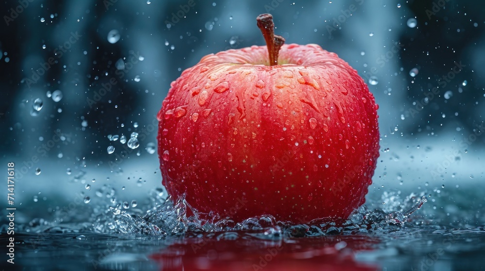 Aufkleber a close up of an apple in the water with drops of water on the top and bottom of the apple and on th