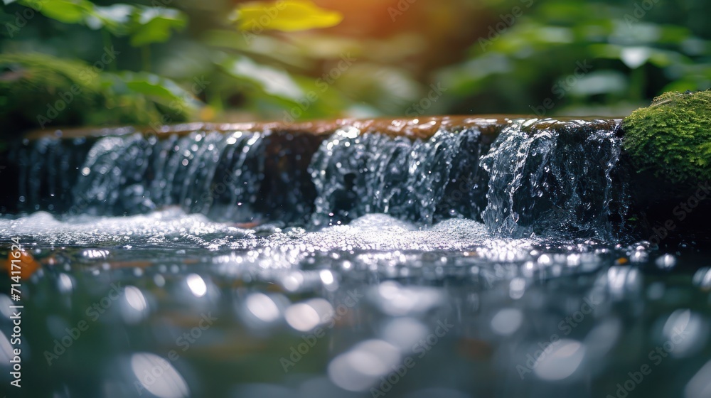 Poster a close up of a small waterfall in the middle of a forest with lots of greenery on the other side of