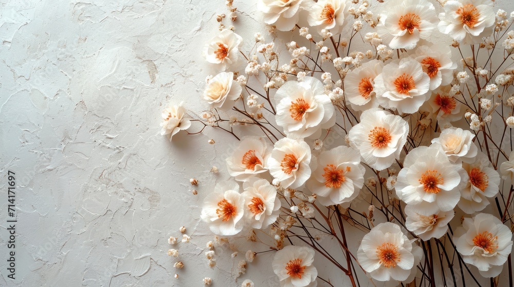 Poster a close up of a bunch of flowers on a white surface with a small amount of flowers in the middle of 