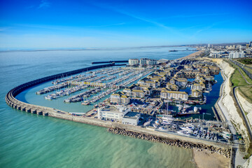 Aerial view of Brighton Marina in East Sussex, Southern England, with Brighton City in the background.