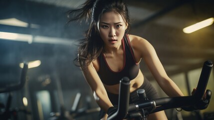 Fototapeta na wymiar Young Asian woman working out on exercise bike at gym. Neural network AI generated art