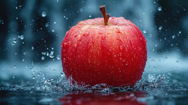  a close up of an apple in the water with drops of water on the top and bottom of the apple and on the bottom of the image is a black background.