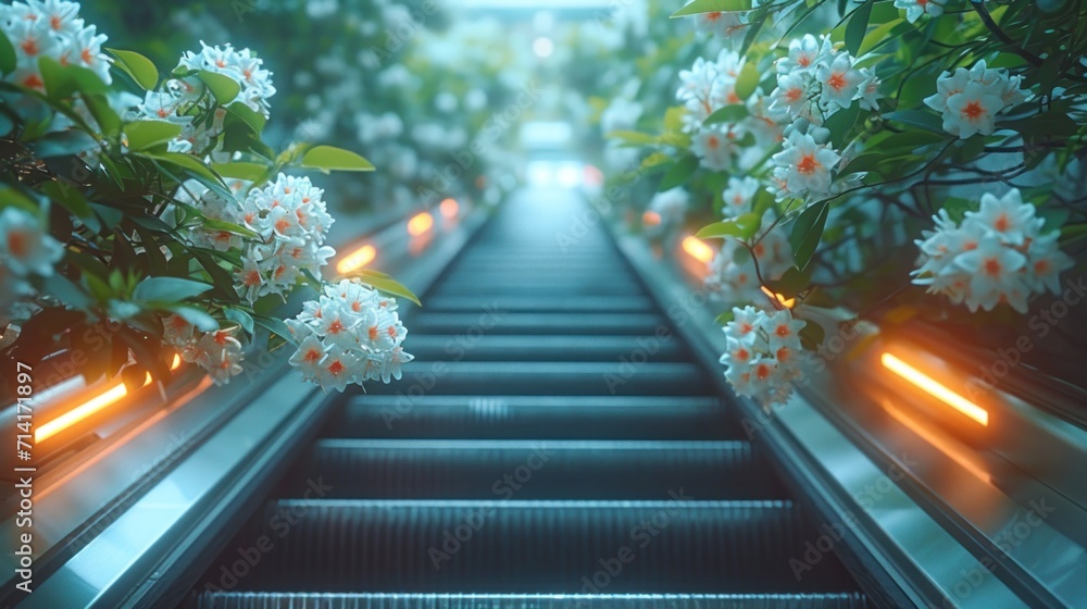 Aufkleber an escalator with a bunch of flowers growing on the side of the escalator and lights on the side of 