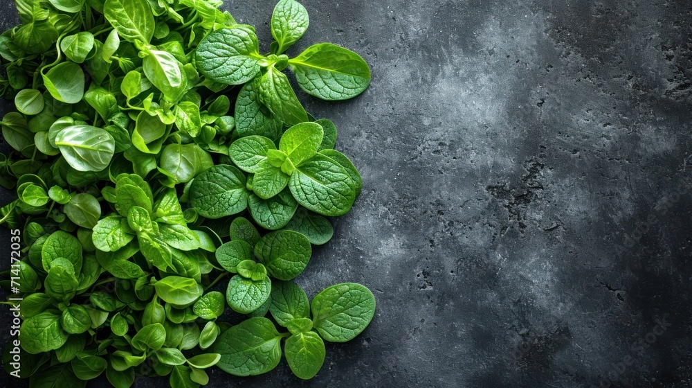 Poster a bunch of green leaves laying on top of a gray surface with space for a text on the left side of th