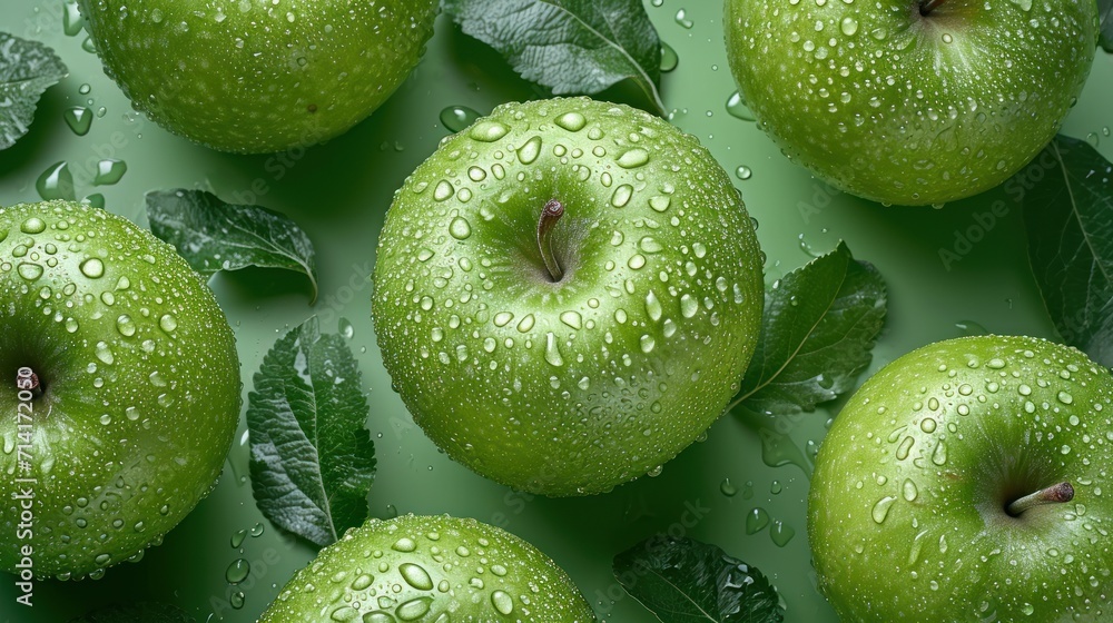 Poster a group of green apples sitting next to each other on top of a green surface with water droplets on 