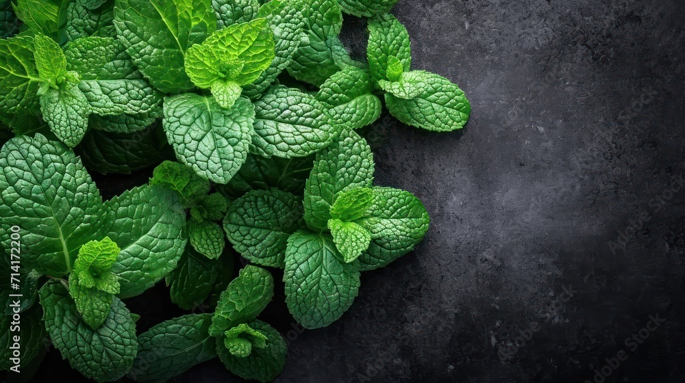Poster a pile of fresh mint leaves on a dark background with a place for a text or an image to put on a pos