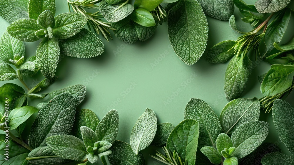 Aufkleber a group of green leaves arranged in a circle on a green background with a place for the text on the 