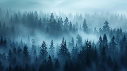 Papier Peint photo autocollant Forêt dans le brouillard Misty Forest, A Serene Landscape Immersed in Fog With Abundant Trees